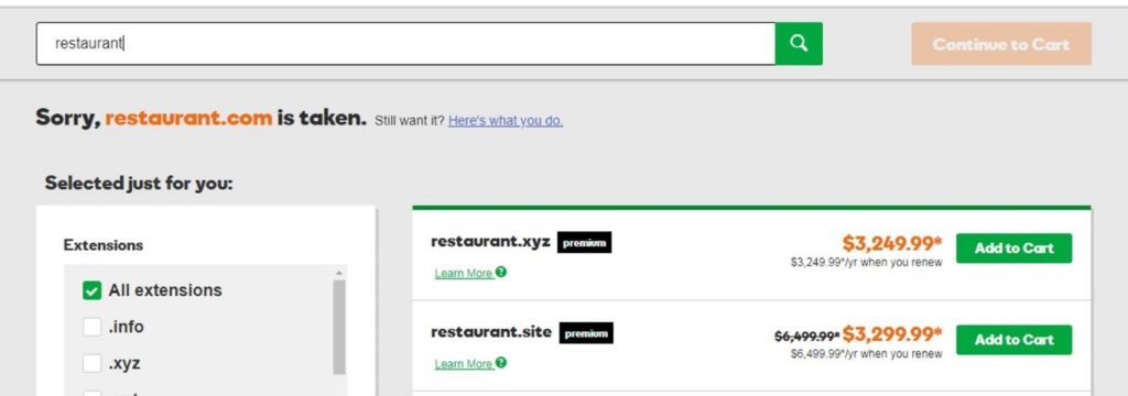 Don’t buy a premium domain for your restaurant website